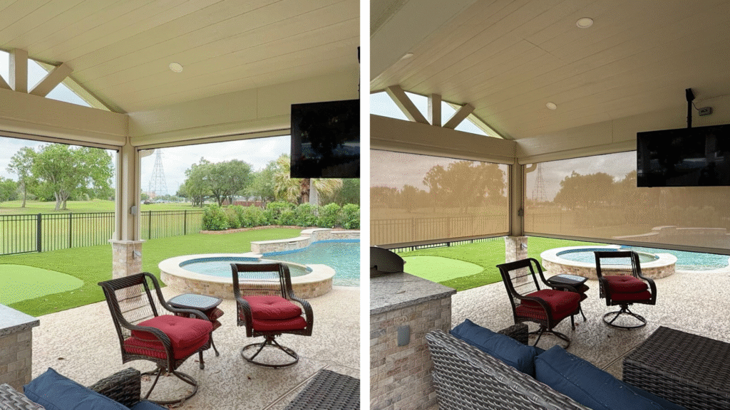 before and after of an exterior motorized shade instalation.