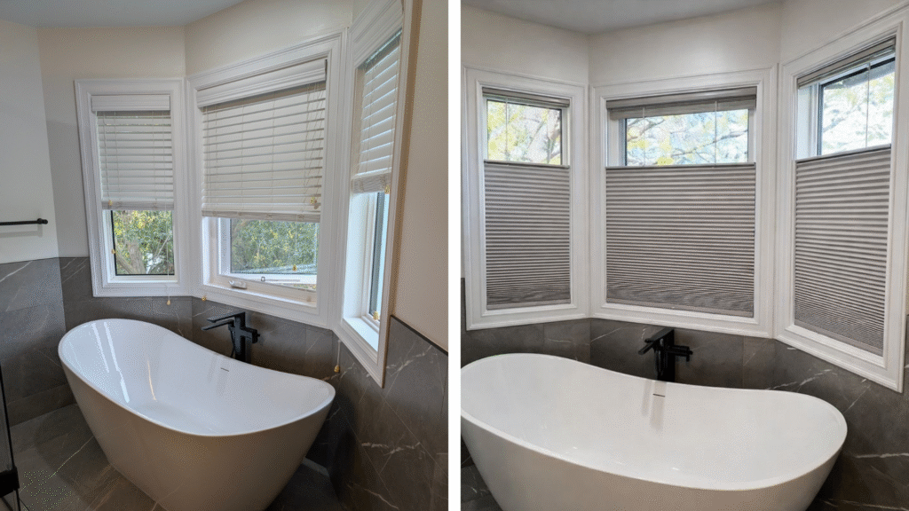 Before and after picture of blinds replaced with top-down bottom-up honeycomb shades.
