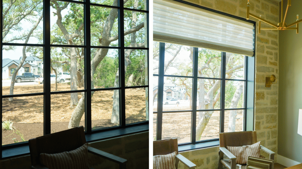 before and after of bare window replaced with a pleated shade.