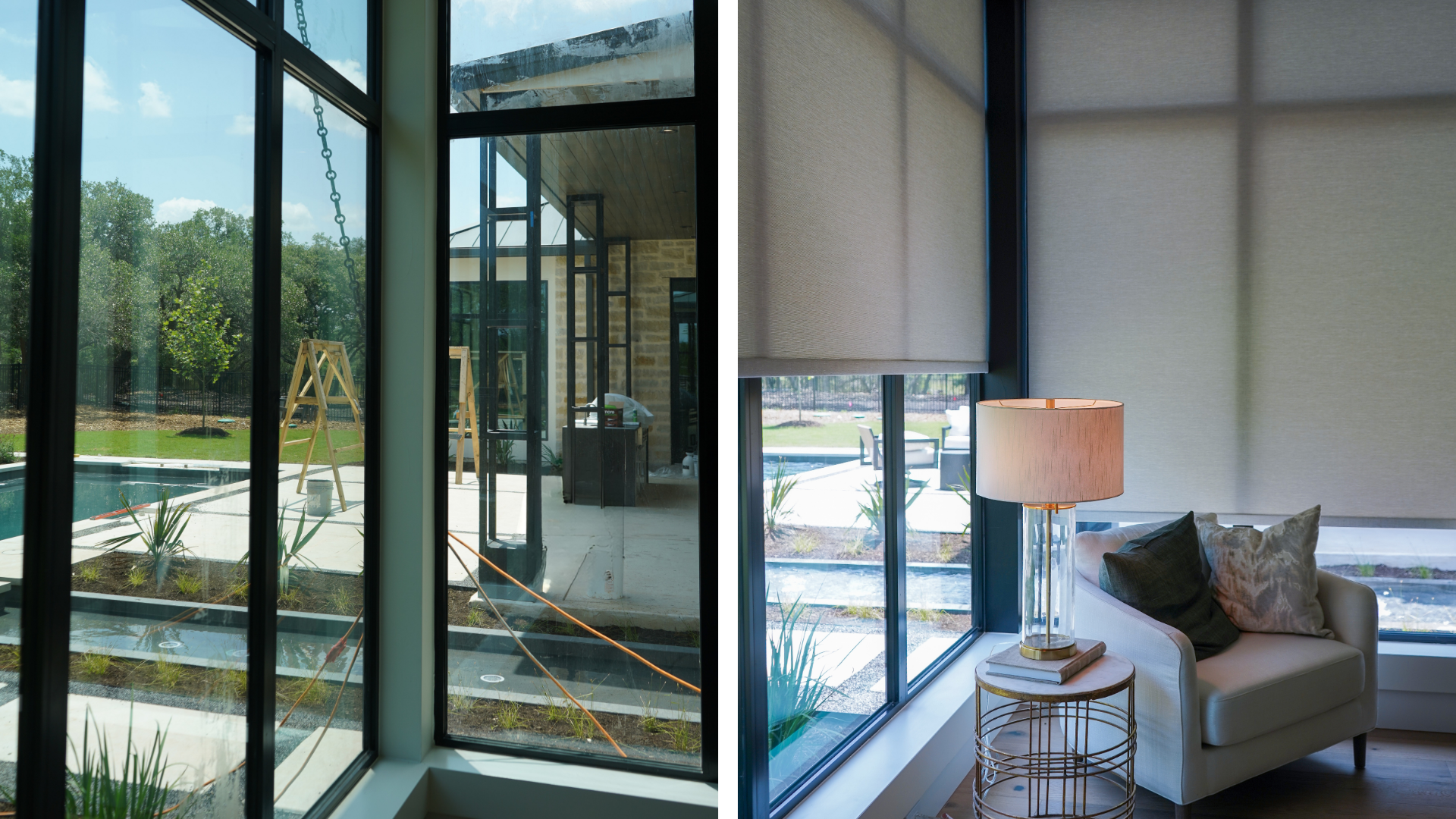 before and after picture of bare oversized window replaces with sleek roller shades.