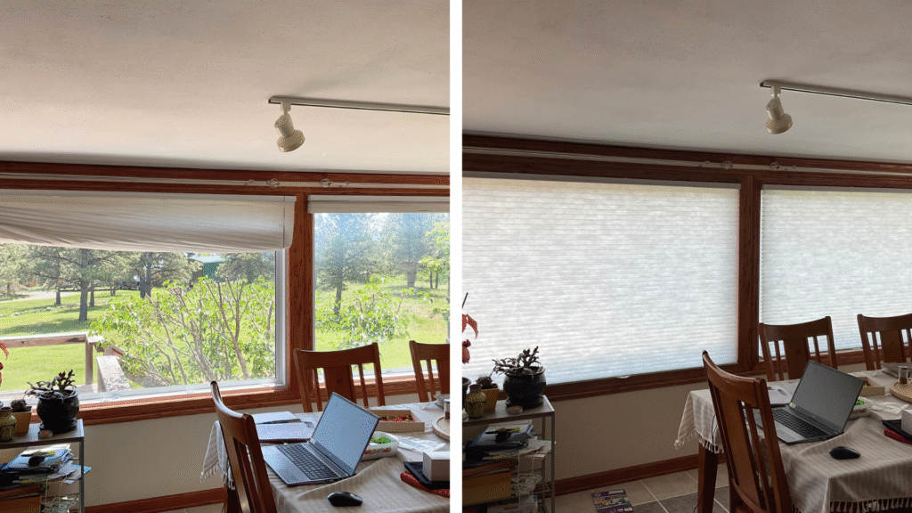 before and after of old broken shades with new sleek shades.